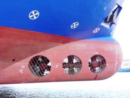 A close-up view of a ship’s bow thruster tunnel on the vessel Innovation, showing the transverse propeller system used for sideways maneuvering in ports and confined waters.