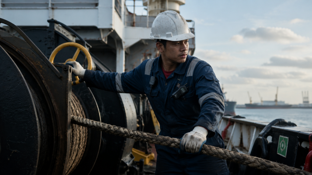 A deckhand in PPE handling a mooring line at a ship's winch, one hand on the rail