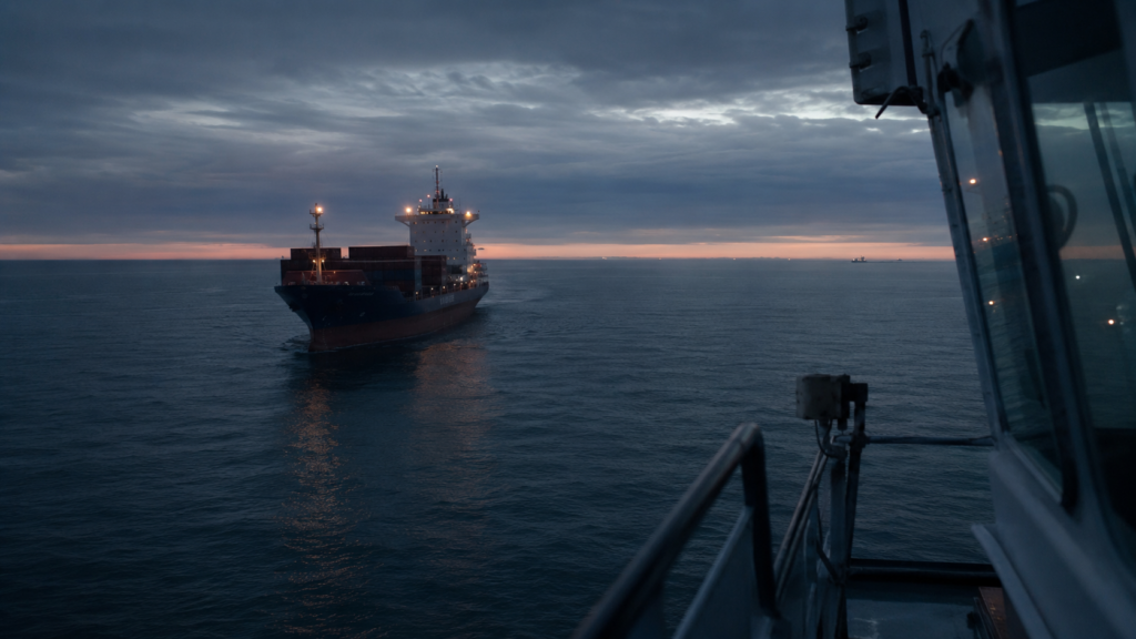 Two ships on converging courses at dusk, illustrating COLREGs collision avoidance at sea.