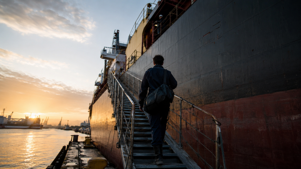 A young seafarer with a kitbag climbing the gangway onto a merchant ship for the first time