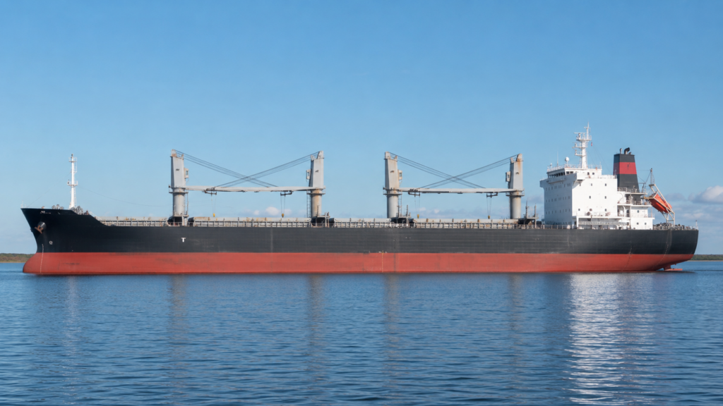 A large merchant ship seen broadside, showing its full profile from bow to stern