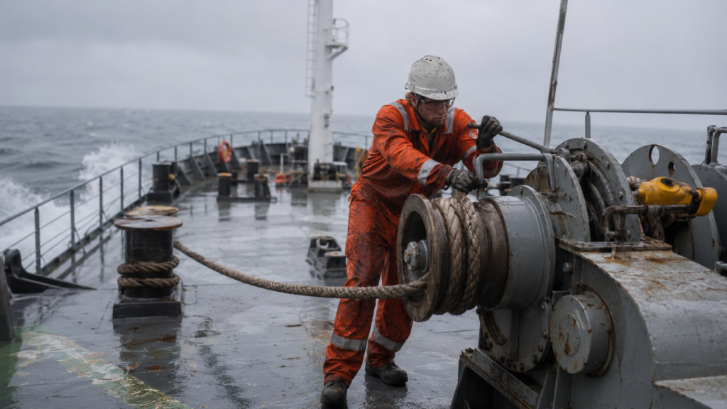 A seafarer in orange coveralls, white hard hat, gloves, and safety glasses working at a mooring winch on a wet foredeck in grey weather