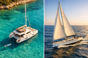 Split aerial view over calm Mediterranean water showing a white sailing catamaran anchored in a turquoise bay on the left and a white monohull yacht heeled under full sail on the right in warm golden afternoon light.