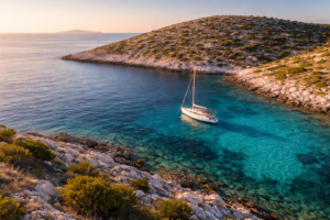 Aerial view of a white sailboat anchored in a sheltered Dalmatian cove with turquoise Adriatic water, pale limestone shore, and warm late afternoon light.