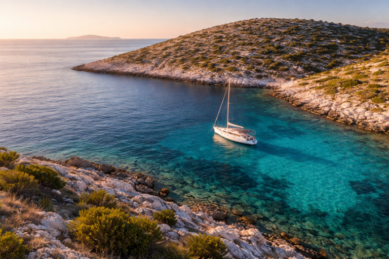 Aerial view of a white sailboat anchored in a sheltered Dalmatian cove with turquoise Adriatic water, pale limestone shore, and warm late afternoon light.