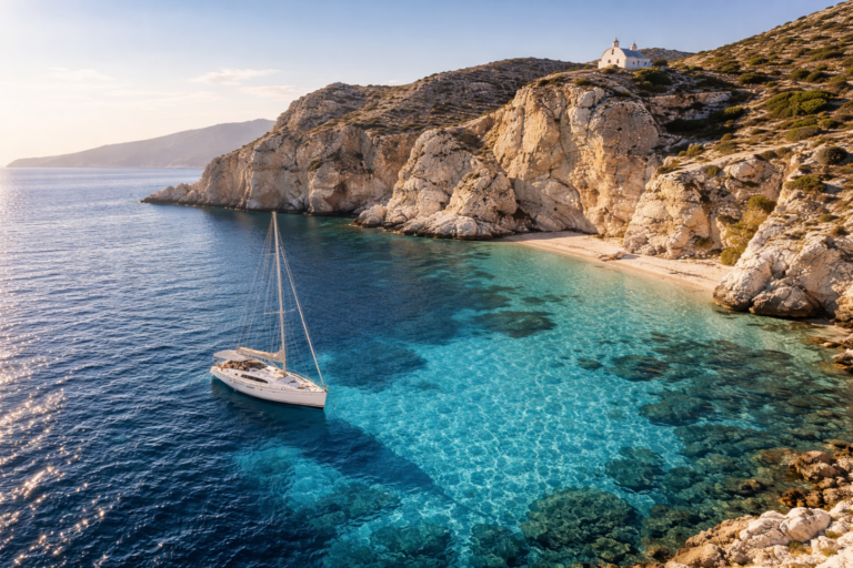 Aerial view of a white sailing yacht anchored in a secluded turquoise bay below rocky cliffs on a sun-bleached Greek island, with a small white-domed chapel above in warm late afternoon light.