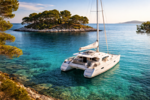 Photorealistic view of a white sailing catamaran anchored in clear turquoise water near a small pine-covered island