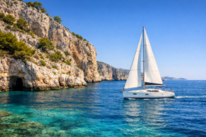 Wide view of a sailing yacht cruising along the Croatian Adriatic coast with turquoise water and limestone cliffs