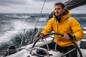 Sailor in a bright yellow offshore sailing jacket steering a heeled yacht through dark, whitecapped seas on an overcast day with spray flying across the bow.